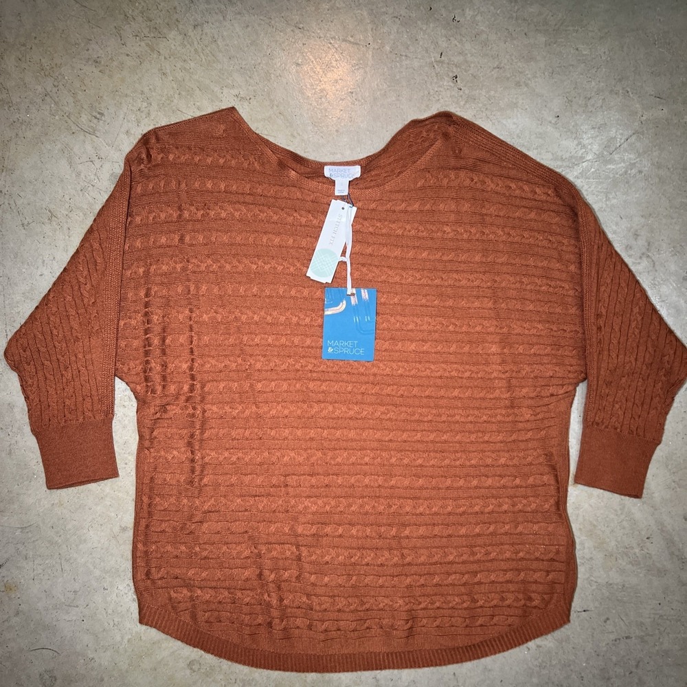 Market & Spruce Womens L Rust Orange Cashmere Silk Blend Cable Knit Sweater NWT